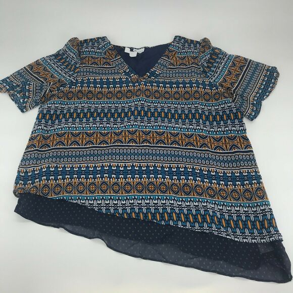 Stylus Womens Shirt Blouse Asymmetrical Hem Printed V-Neck Layered Blue Sz XL - Picture 2 of 5